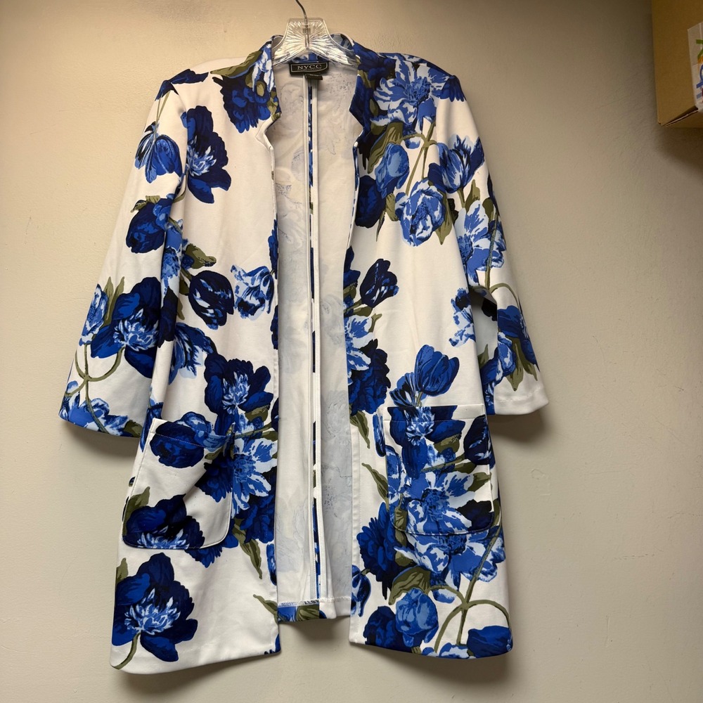 NYCC Floral Open Front Duster Cardigan Women XL Blue White Excellent 12611